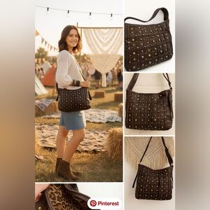 Vintage Betsey Johnson‎ Brown Leather Studded Shoulder Bag w/ Brass Accents